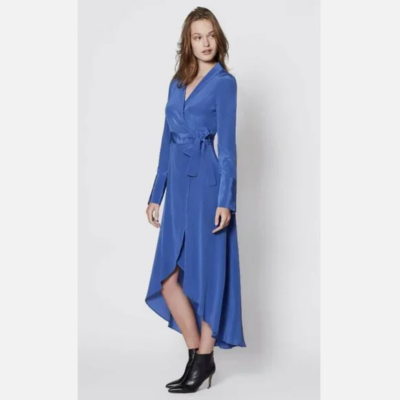 NWT Equipment Gowin Silk Wrap High Low Hem Midi Dress Letterman Blue XS, S $428 - Picture 4 of 10